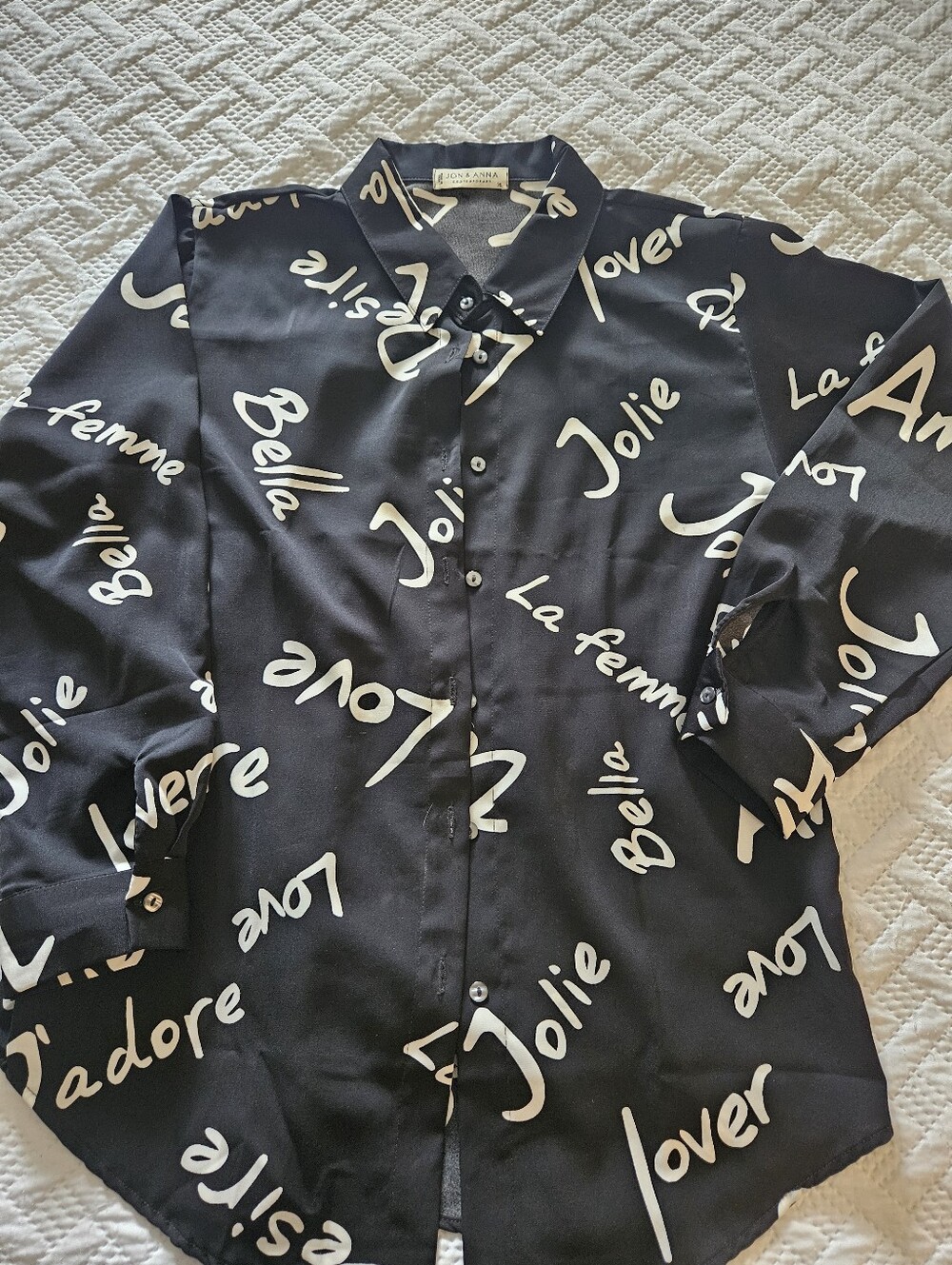 Jon & Anna Black Button-Down Shirt with Ivory Script Print